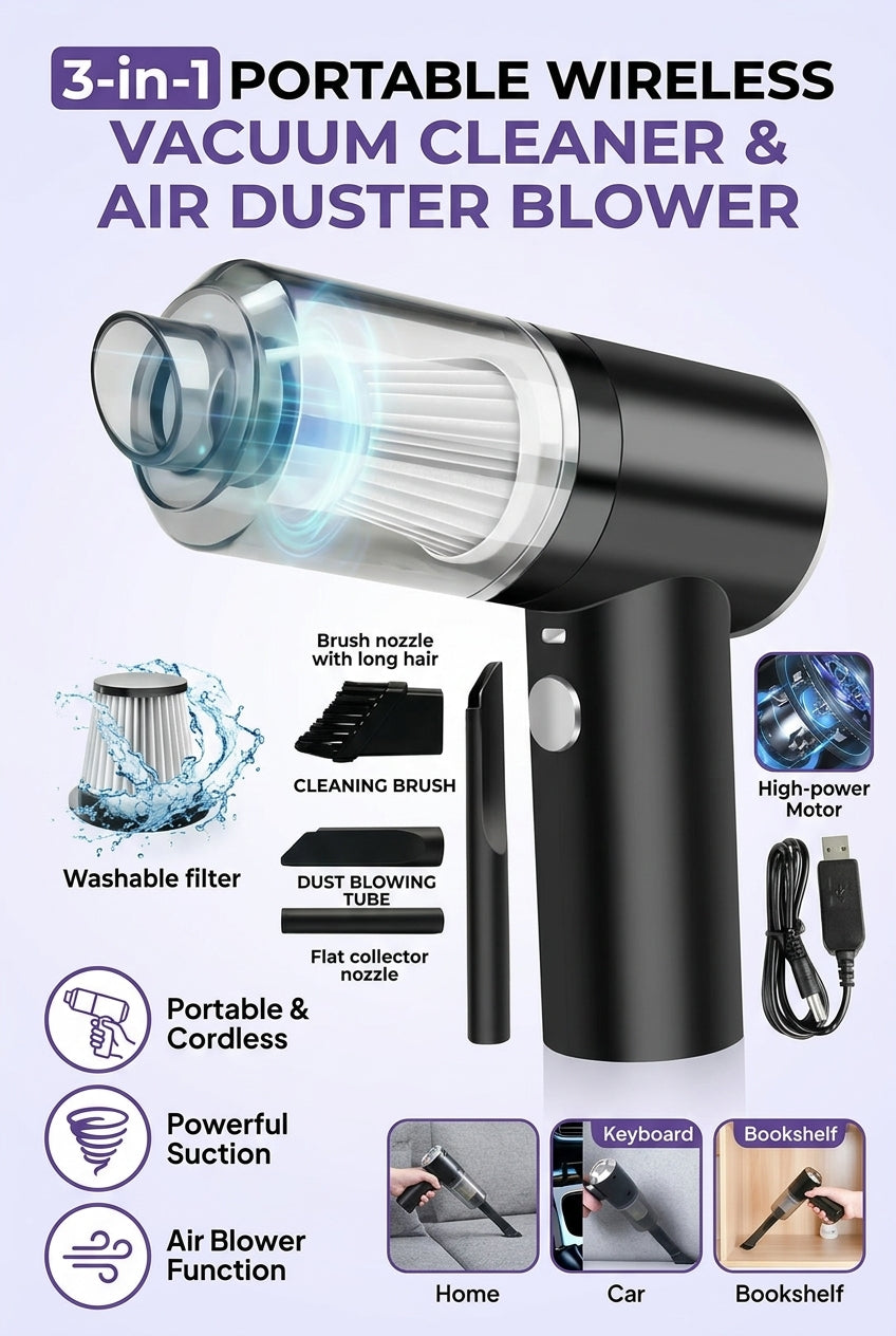 3-in-1 Portable Wireless Vacuum Cleaner & Air Duster Blower