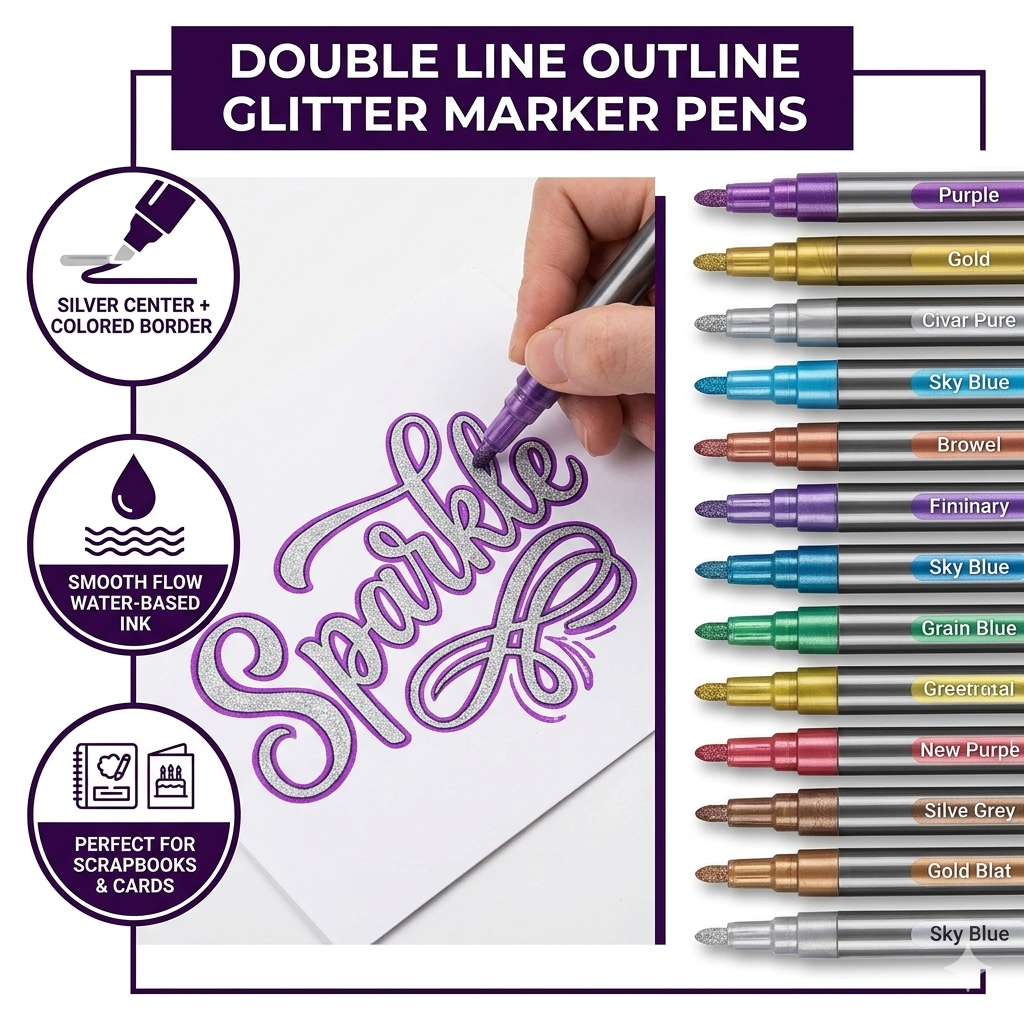 Double Line Outline Glitter Marker Pens - 2-in-1 Dual Effect Metallic Markers