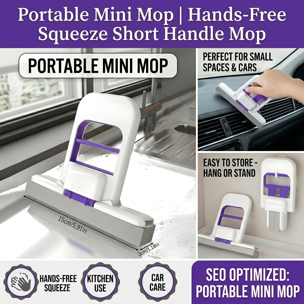 Portable Mini Mop | Hands-Free Squeeze Short Handle Mop for Kitchen, Car & Small Spaces